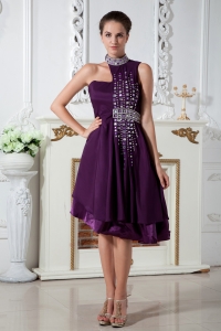 Asymmetrical Knee-length Purple Prom Dress Chiffon Beading