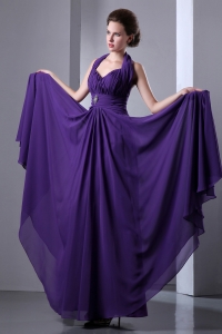 Purple Chiffon Prom Dress Beading Empire Halter Top