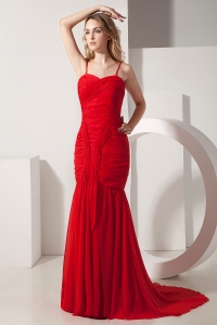 Red Mermaid Spaghetti Straps Prom Dress Brush Ruch