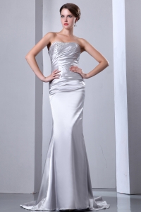 Brush Train Elastic Wove Satin Beading Prom Dress Silver