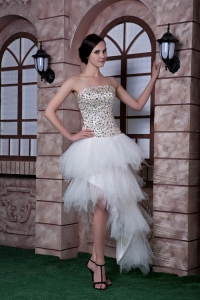 High-low Beading Prom Evening Dress White Taffeta Tulle