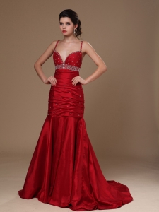 Taffeta Mermaid Sweep Beaded Prom Gowns Wine Red Straps