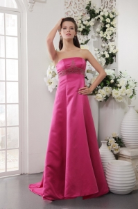 Satin Beading Hot Pink Prom / Evening Dress Brush Train