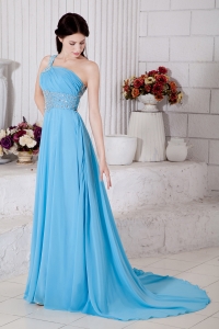 One Shoulder Beading Aqua Blue Prom / Evening Dress Brush