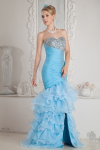 Mermaid High-low Baby Blue Prom Dress Organza Ruch Beading