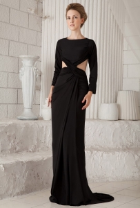 Bateau Scoop Long Sleeves Black Prom Dress Brush Chiffon