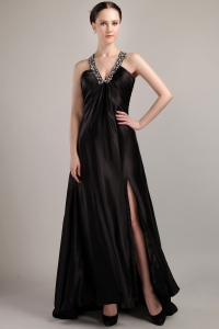 Elastic Black Woven Satin Beading Prom Dress V-neck Sweep