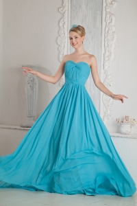 Brush Train Aqua Blue Prom Dress A-line Chiffon Ruch