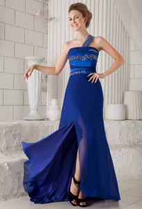 Royal Blue One Shoulder Prom Dress Beading Brush Slit