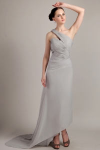 High-low Grey Prom Dress One Shoulder Brush Chiffon Ruch