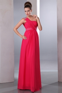 Chiffon Beading Hot Pink Prom Dress One Shoulder Pleates