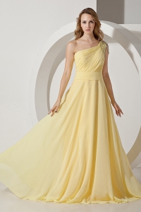 Light Yellow One Shoulder Brush Train Chiffon Beading Prom Dress