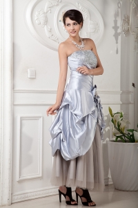 Lilac Strapless Ankle-length Satin and Tulle Beading Prom Dress