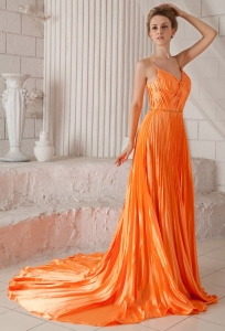 Court Train Orange Red Pleat Prom Dress Spaghetti Straps