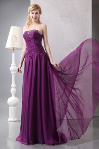 Purple Prom Dress Empire Strapless Brush Train Chiffon Beading