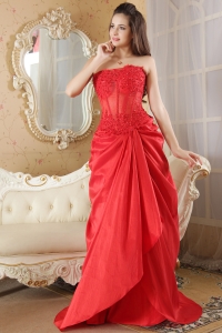Red Taffeta Lace Prom Dress A-line Strapless Brush Train