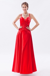 Red Spaghetti Straps Floor-length Taffeta Appliques Prom Dress