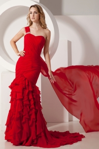 One Shoulder Chiffon Ruch Ruffles Red Prom Dress Watteau