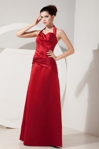 Cheap Halter Top Red Empire Satin Ruch Prom Dress