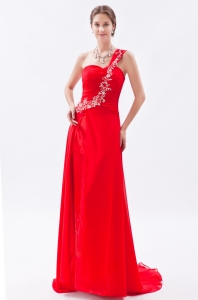 One Shoulder Brush Train Chiffon Beading Red Empire Prom Dress