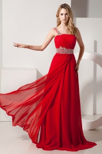 Brush Train Red Chiffon Beading Prom Dress One Shoulder