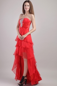 High-low Beading Red Prom Dress Organza Layered Ruffles