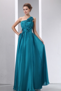 Hand Made Flowers Ruch Prom Dress Teal One Shoulder