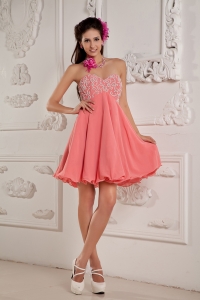 Mini-length Watermelon Red Chiffon Prom Dress Beading