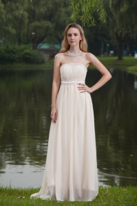 Elegant Strapless Pleat Chiffon Beading Prom Dress in 2013