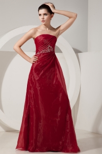 Wine Red Prom Dress Empire Strapless Organza Beading