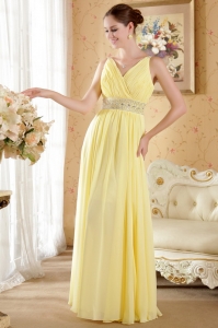 Yellow Prom / Evening Dress V-neck Chiffon Beading Ruch