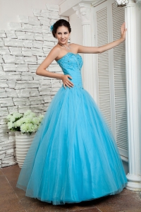 Aqua Blue Sweetheart Tulle Beading Prom Evening Dresses