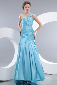 Aqua Blue Ruched Mermaid One Shoulder Prom Evening Dress