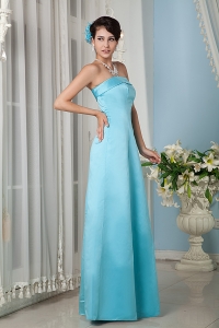Aqua Column Strapsless Floor-length Satin Prom Dress