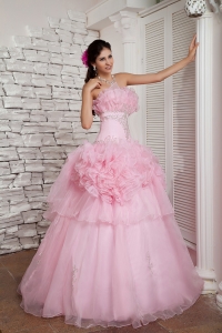 Baby Pink Shimmery Beadings ruffled layers Organza Prom Dresses