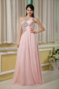 Baby Pink Halter Chiffon Beading Prom Evening Dresses
