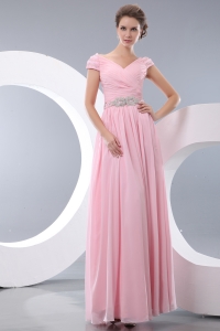 V-neck Baby Pink Chiffon Beaded Waist Prom Evening Dresses