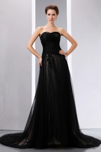 Black Sequinces Sweetheart Court Train Tulle Prom Evening Dress