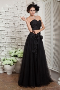 Black Tulle Beading Prom Evening Dress Hand Made Flowers