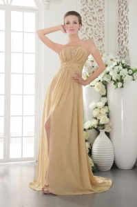 Gold Graduation Dress Strapless Brush Train Appliques and Ruch