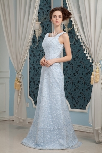 Light Blue Column Straps Brush Train Lace Prom Dress