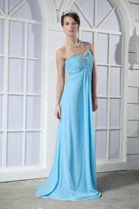 Light Blue Prom Dress One Shoulder Brush Train Chiffon