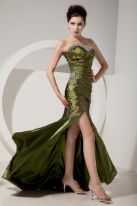 Olive Green High Slit Brush Train Beading and Ruch Prom Dress