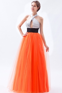 Orange Prom Dress Empire Halter Floor-length Tulle and Sequin