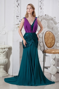 Peacock Green and Purple Mermaid V-neck Prom Dress