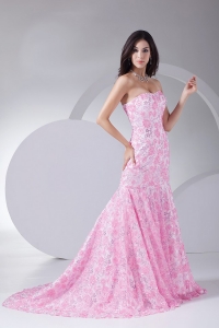 Printing Mermaid Strapless Brush Train Prom Dress