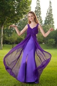 Purple Straps Two-Layers Chiffon and Taffeta Ruch Prom Dress