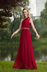 Red Empire One Shoulder Chiffon Beading Prom Evening Dress