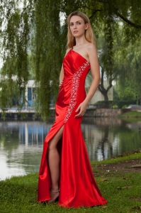Red Empire One Shoulder High Slit Taffeta Beading Prom Dress