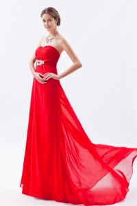 Red Empire Strapless Brush Train Chiffon Beading Prom Dress